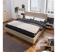Lit double en bois 160 x 200 cm avec 2 tables de chevet - Lit moderne avec 2 tables de chevet - Chambre à coucher complète - 205,5 x 235 x 76,5 cm (p x l x h) - En chêne Sonoma/gris foncé