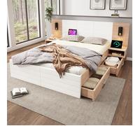 Lit Double en Bois 160x200 cm avec 2 Tiroirs, Lit 2 Personnes avec 2 Tables de Chevet, Lit Double Led et Usb, ChêNe + Blanc