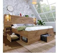 Lit double en bois 180x200 cm Lit adulte avec spots LED ports USB 2 tables de chevet 3 tiroirs 6 compartiments rangement - chêne