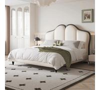 Lit Double en Bois Massif et Cuir, Style médiéval Moderne Minimaliste, Stable et Durable, idéal pour la Chambre à Coucher (Matelas Non Inclus).