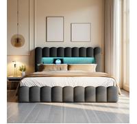 Lit double en lin gris - TANANT - 140x200 cm - Lit coffre avec rangement - LED intégrée - Tête de lit ondulée