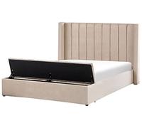 Lit Double en Velours avec Tête Rayée Haute et Rangement 160 x 200 cm Beige Noyers