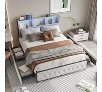 Lit double en velours beige 140 x 200 cm avec 4 tiroirs, éclairage LED et tête de lit de rangement pour adultes et adolescents - Cadre de lit fonctionnel élégant