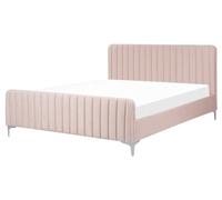 Lit Double en Velours Rose 160 x 200 cm avec Sommier à Lattes Rayures Glamour Lu