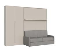 Lit double escamotable français de 140 cm, vertical, Versia Sofà, avec canapé et armoire 2 portes, à gauche, Argile