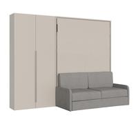 Lit double escamotable français de 140 cm, vertical, Versia Sofà, avec canapé et armoire 2 portes, à gauche, Argile