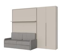 Lit double escamotable français de 140 cm, vertical, Versia Sofà, avec canapé, étagère et armoire 2 portes à droite, Argile