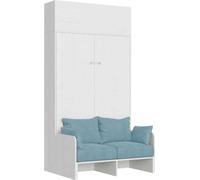 Lit double escamotable français Kentaro 140 cm avec canapé et élément mural en frêne blanc, bleu clair