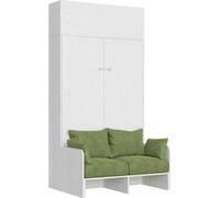 Lit double escamotable français Kentaro 140 cm avec canapé et élément mural en frêne blanc, vert