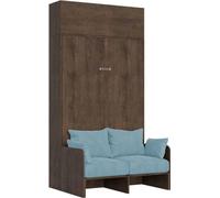 Lit double escamotable français Kentaro 140 cm avec canapé et élément mural en noyer, bleu clair