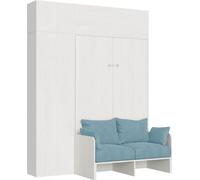 Lit double escamotable français Kentaro 140 cm avec canapé et meubles en frêne blanc, bleu clair