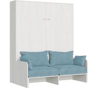 Lit double escamotable Kentaro 160 cm avec canapé en frêne blanc, bleu clair