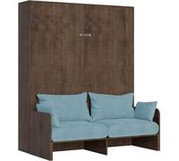 Lit double escamotable Kentaro 160 cm avec canapé en noyer, bleu clair