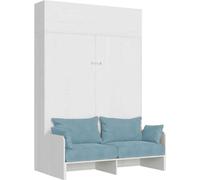 Lit double escamotable Kentaro 160 cm avec canapé et élément mural en frêne blanc, bleu clair