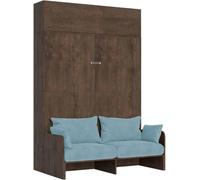 Lit double escamotable Kentaro 160 cm avec canapé et élément mural en noyer, bleu clair