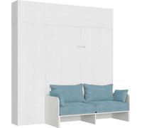 Lit double escamotable Kentaro 160 cm avec canapé et meubles en frêne blanc, bleu clair