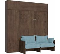 Lit double escamotable Kentaro 160 cm avec canapé et meubles en noyer, bleu clair