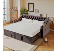 Lit double escamotable Maisentiel velours gris de 90x190 à 180x190 avec rangements intégrés et ports USB