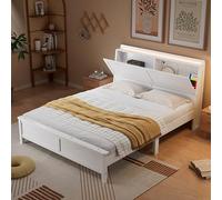 Lit double, étagère ouverte, compartiment de rangement avec porte rabattable, avec bande lumineuse ambiante, bande lumineuse jaune chaud, lits plats, adolescents et adultes, pin + MDF, blanc, 140 x