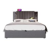 Lit double fonctionnel avec coffre à ouverture assistée, tête cloutée élégante, ports USB pratiques pour chargement rapide, lampes réglables, soutien ergonomique (Gris Avce matela,160x200cm)