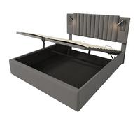 Lit double fonctionnel avec coffre à ouverture assistée, tête cloutée élégante, ports USB pratiques pour chargement rapide, lampes réglables, soutien ergonomique (Gris Sans matela,160x200cm)