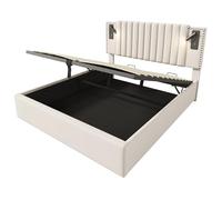 Lit double fonctionnel avec coffre à ouverture assistée, tête cloutée élégante, ports USB pratiques pour chargement rapide, lampes réglables, soutien ergonomique (Beige Sans matela,160x200cm)