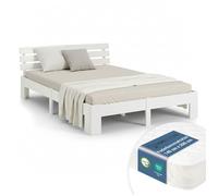 Lit en Bois 140x200 cm Blanc - Lit Double avec Matelas à ressorts - Massif | HomeStyle4U - ref. 3330 - 4251285395053 - dim. 210x144x67cm - Marron - Bois