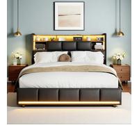 Lit Double Hydraulique - 140x190 cm - Coffre de Rangement - LED - Design Noir Or Luxe