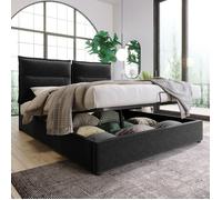 Lit double hydraulique Lit coffre 140x200cm, tête de lit réglable, velours, grand espace de rangement, noir sans matelas