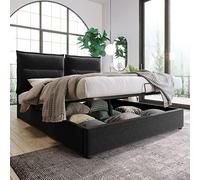 Lit double hydraulique rembourré, 140 x 200 cm, tête de lit réglable, sommier à lattes en métal, velours, cadre de lit moderne avec espace de rangement, grand espace de rangement, noir (sans matelas)