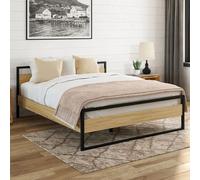 Lit double industriel DETROIT avec tête de lit et sommier 140 x 190 cm bois et métal noir