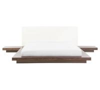 Lit Double Japonais 160 x 200 cm en MDF Marron à Tables de Chevet et Cuir PU Zen