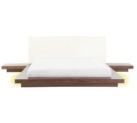 Lit Double Japonais 160 x 200cm en MDF Blanc et Marron à Tables de Chevet et LED