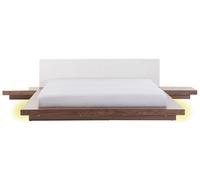 Lit Double Japonais 180 x 200cm en MDF Blanc et Marron à Tables de Chevet et LED