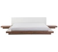 Lit Double Japonais 180x200 cm en MDF Marron Clair et Blanc à Tables Chevet Zen