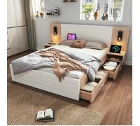 Lit double - LANGTU - 180x200 - Bois massif & MDF - 2 tiroirs + coffre - Tête de lit LED 360° USB