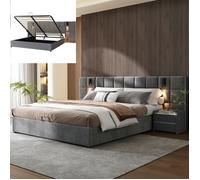Lit double - LANGTU - Lit coffre hydraulique 180x200 cm - Velours gris - Lampe lecture + USB - Structure acier
