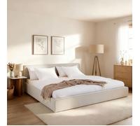 IDIMEX Lit Double LATINI rembourré 160x200, Tête de lit en Tissu Blanc Crème, Lit Queen Size 2 Personnes avec Sommier à Lattes Inclus, Tête Réglable en Hauteur, Design Moderne