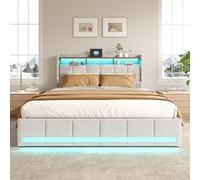 Lit Double LED 160x200 cm avec 4 Tiroirs, Tête de Lit avec éclairage LED et Fonction De Charge USB, Lits Adulte Capitonné avec Rangement, Cadre de Lits Avec Espace De Rangement,Sommier à Lattes, Lin