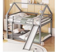Lit double lit d'enfant lit de maison lit superposé avec toboggan et échelle, chambre d'enfant lit superposé double, gris, 140x200cm
