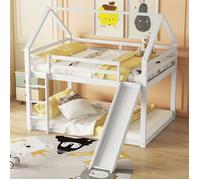 Lit double lit d'enfant lit de maison lit superposé avec toboggan et échelle, chambre d'enfant lit superposé double, blanc, 140x20