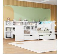 Lit Double Lit en bois angle L 140x200cm blanc capitaine tête capitonnée bureau bibliothèque tiroirs éclairage LED Sans Matelas