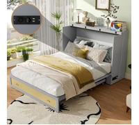 Lit Double Lit escamotable 140x200 avec tiroirs, étagère, prises USB et courant, mobile, convertible, gris - Sans Matelas