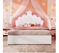 Lit Double Lit princesse couronne 140x200cm blanc PU - Tête réglable, 2 tiroirs, lumière télécommandée - Sans Matelas