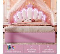 Lit Double Lit princesse couronne 140x200cm rose PU, 2 tiroirs, tête réglable, lumière ambiante télécommandée -sans Matelas