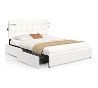 Lit Double Mael 140 X 190 Cm Avec Tête De Lit Capitonnée Pvc Blanc Liseuses Intégrées Et Sommier Et 2 Tiroirs Sur Roulettes