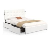 Lit double MAEL 140 x 190 cm avec tête de lit capitonnée PVC blanc liseuses intégrées et sommier et 2 tiroirs sur roulettes Blanc