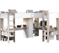 Lit double mezzanine combiné enfant ALEXANDRA avec 2 bureaux et rangements - 2x90x200 cm - Blanc/Chene - Sommiers inclus - PARISOT