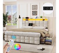 Lit double Mihtrov 140x190cm avec tête de lit en PU rembourrée, espace de rangement, lumière LED réglable pour le sommeil, avec USB et alimentation intégrés 140x190-grey