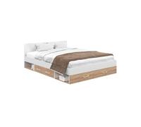 Lit double MINEA avec tiroirs + niches de rangement + tête de lit et sommier 140 x 190 cm façon hêtre et blanc